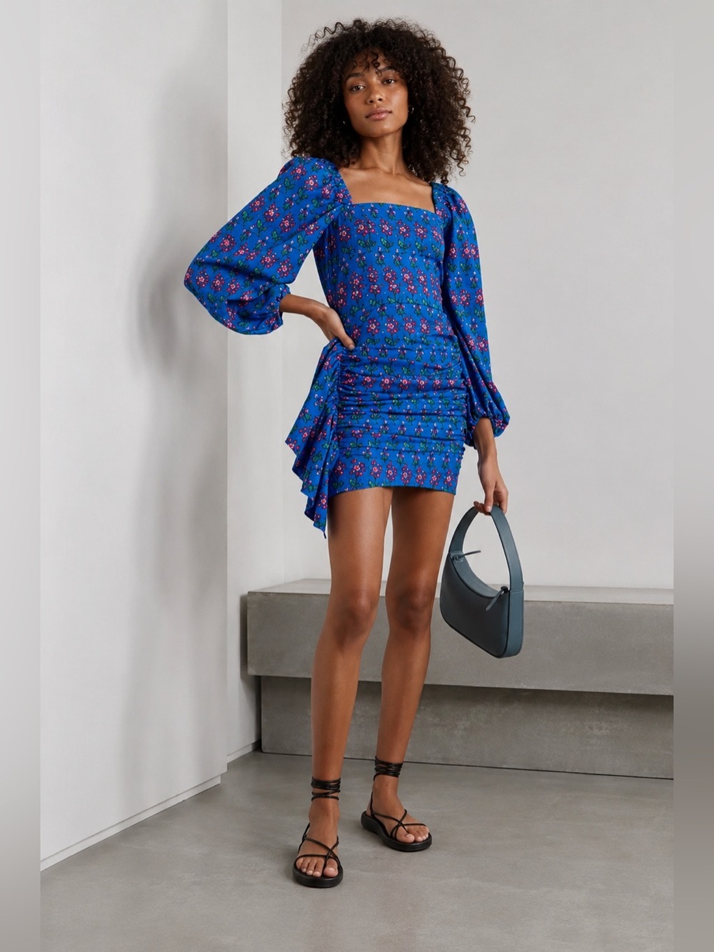 RHODE Mina draped blue floral-print crepe de chine mini dress size L
